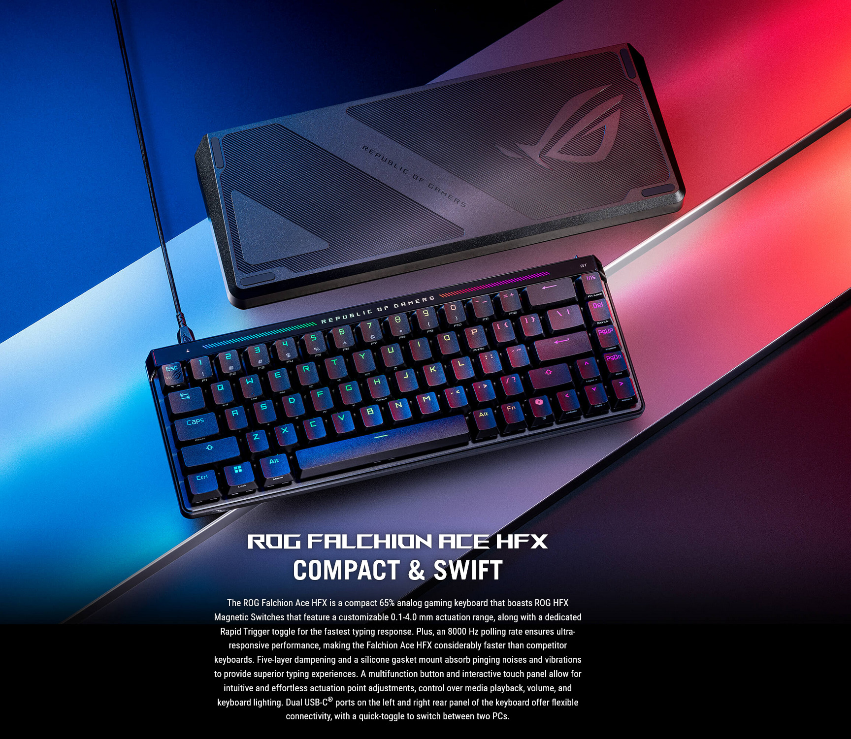 A large marketing image providing additional information about the product ASUS ROG Falchion Ace HFX 65% Analogue Gaming Keyboard - ROG HFX Switch - Additional alt info not provided