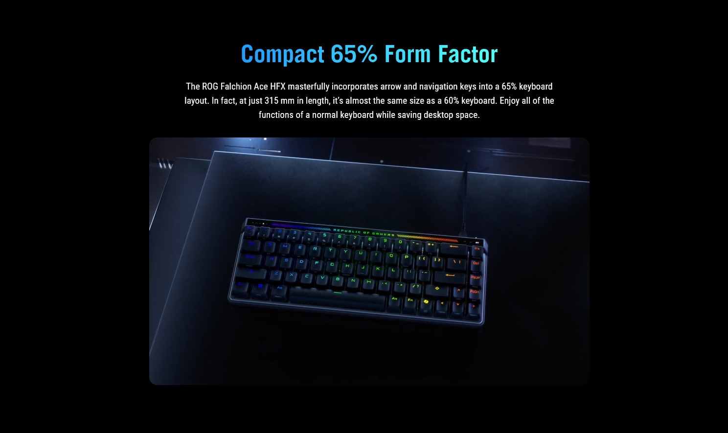 A large marketing image providing additional information about the product ASUS ROG Falchion Ace HFX 65% Analogue Gaming Keyboard - ROG HFX Switch - Additional alt info not provided