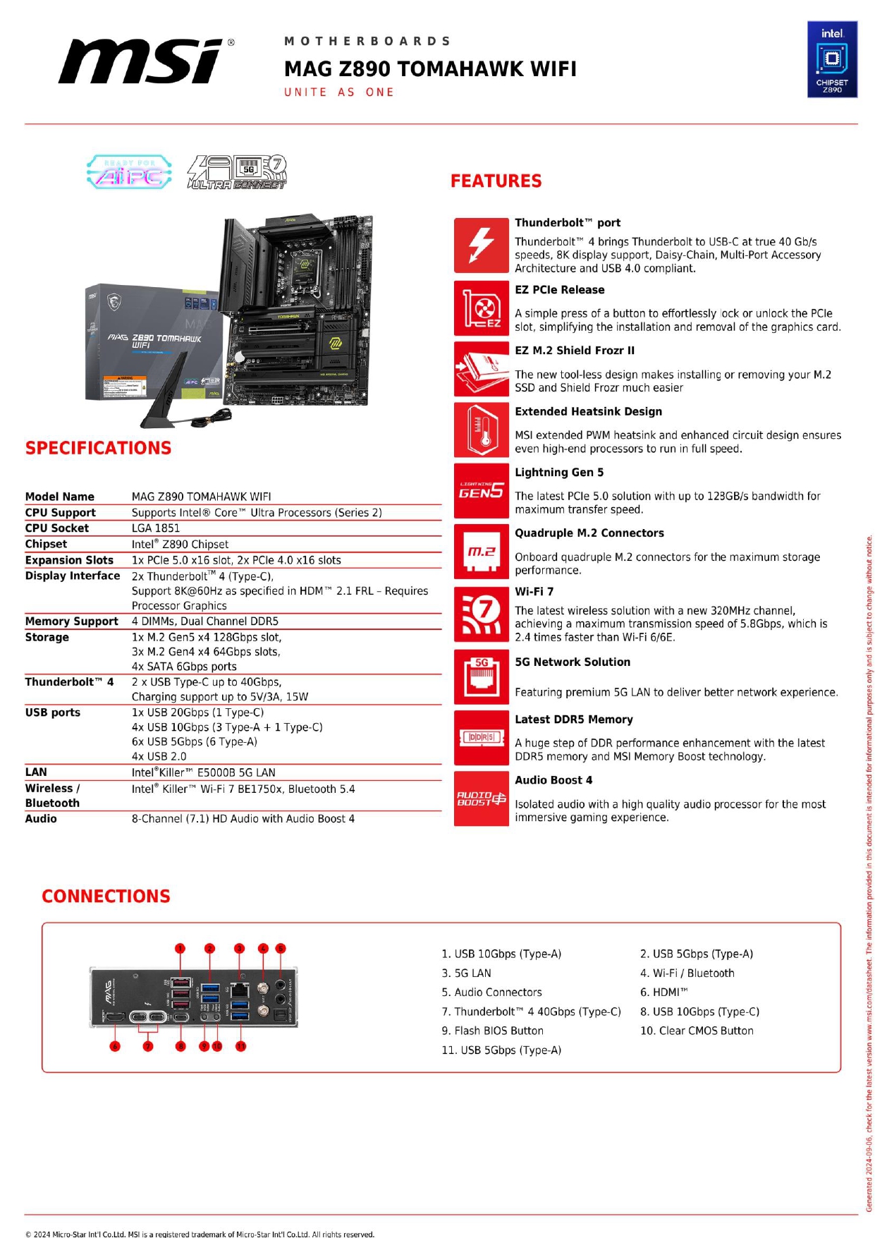 A large marketing image providing additional information about the product MSI MAG Z890 Tomahawk WiFi LGA1851 ATX Desktop Motherboard - Additional alt info not provided