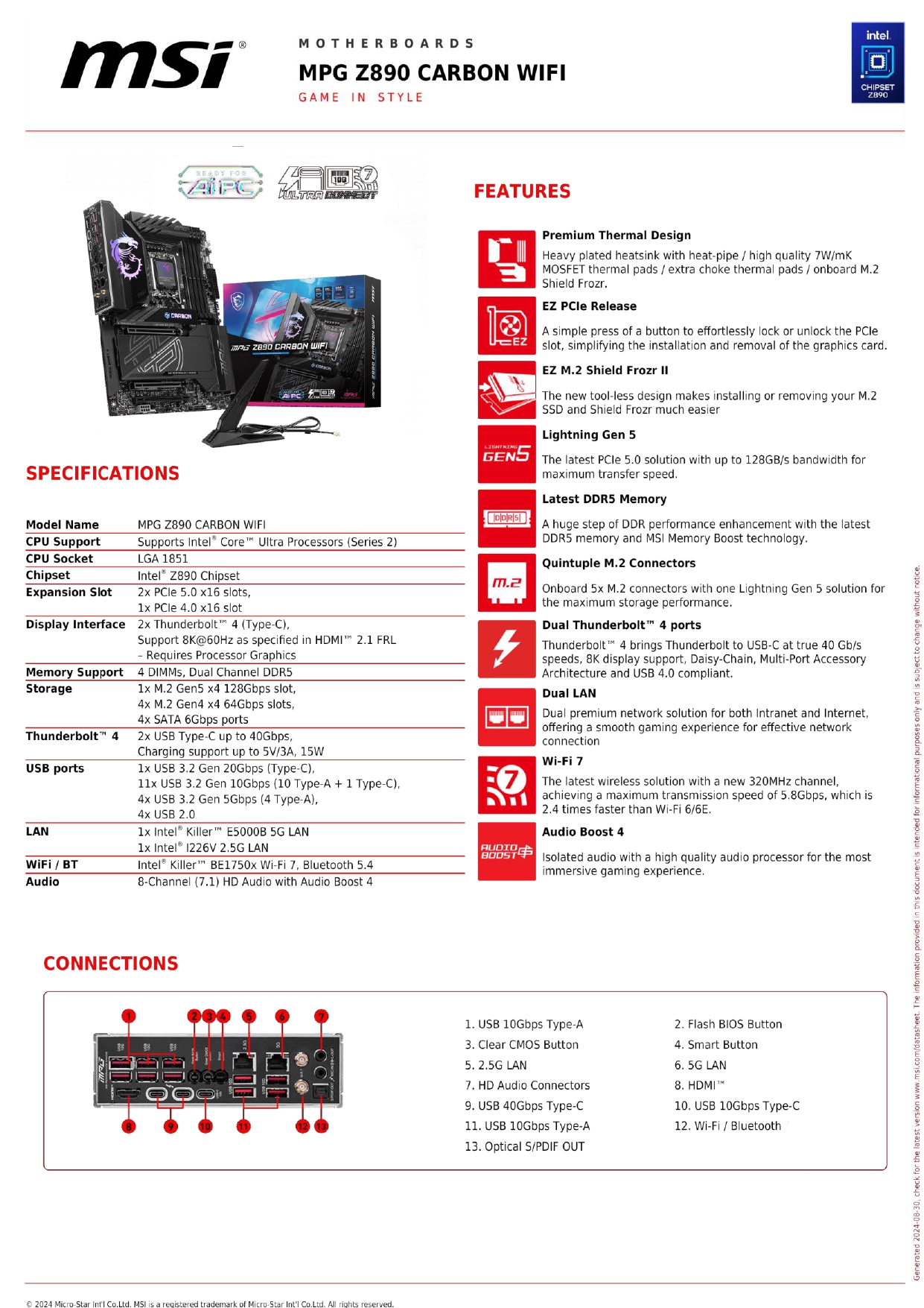 A large marketing image providing additional information about the product MSI MPG Z890 Carbon WiFi LGA1851 ATX Desktop Motherboard - Additional alt info not provided