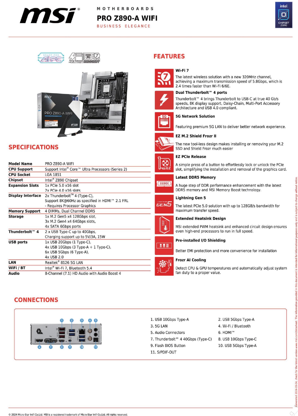 A large marketing image providing additional information about the product MSI PRO Z890-A WiFi LGA1851 ATX Desktop Motherboard - Additional alt info not provided