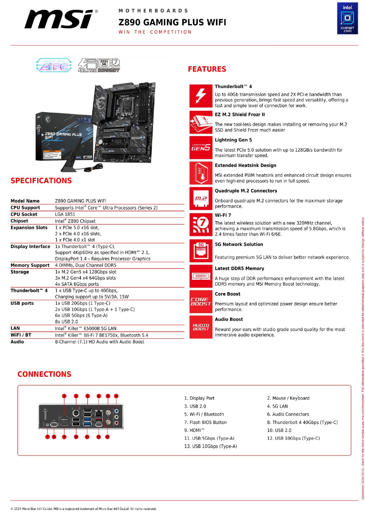 A large marketing image providing additional information about the product MSI Z890 Gaming Plus WiFi LGA1851 ATX Desktop Motherboard - Additional alt info not provided