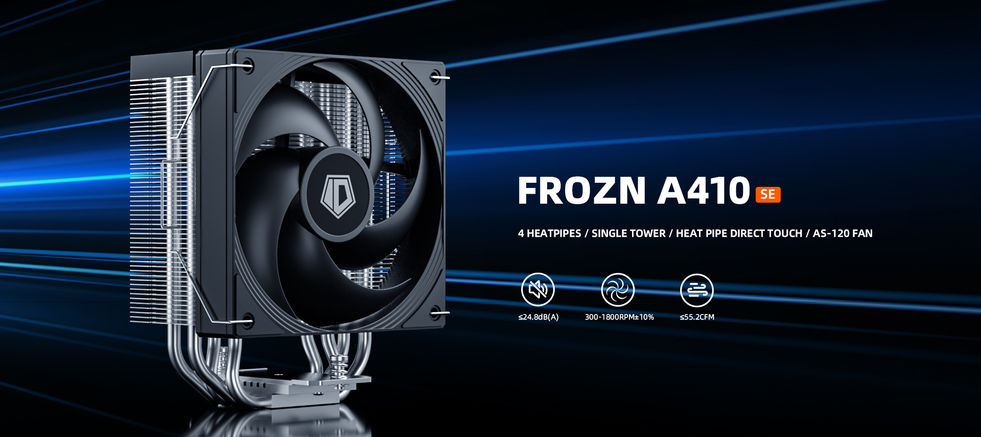 A large marketing image providing additional information about the product ID-COOLING FROZN A410 SE CPU Cooler - Black - Additional alt info not provided