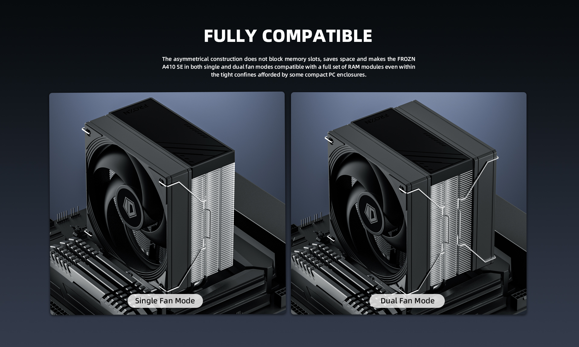 A large marketing image providing additional information about the product ID-COOLING FROZN A410 SE CPU Cooler - Black - Additional alt info not provided