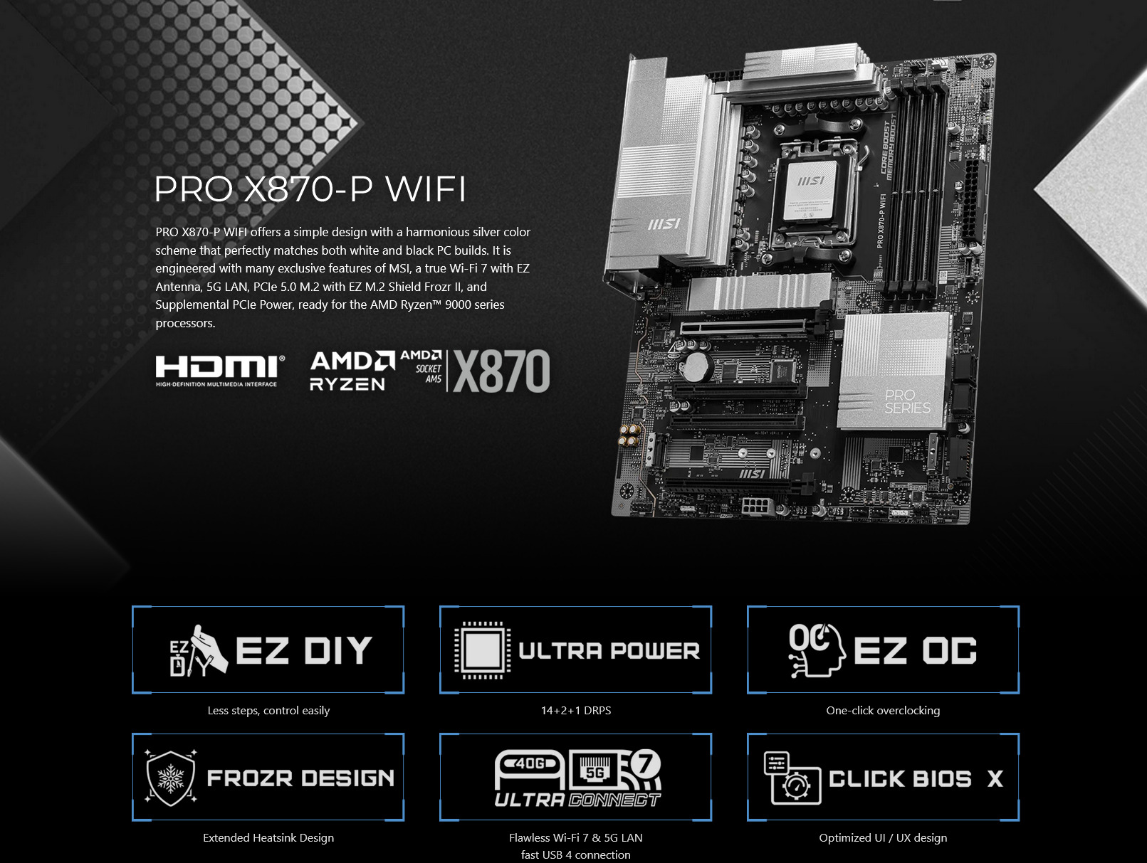 A large marketing image providing additional information about the product MSI PRO X870-P WiFi AM5 ATX Desktop Motherboard - Additional alt info not provided