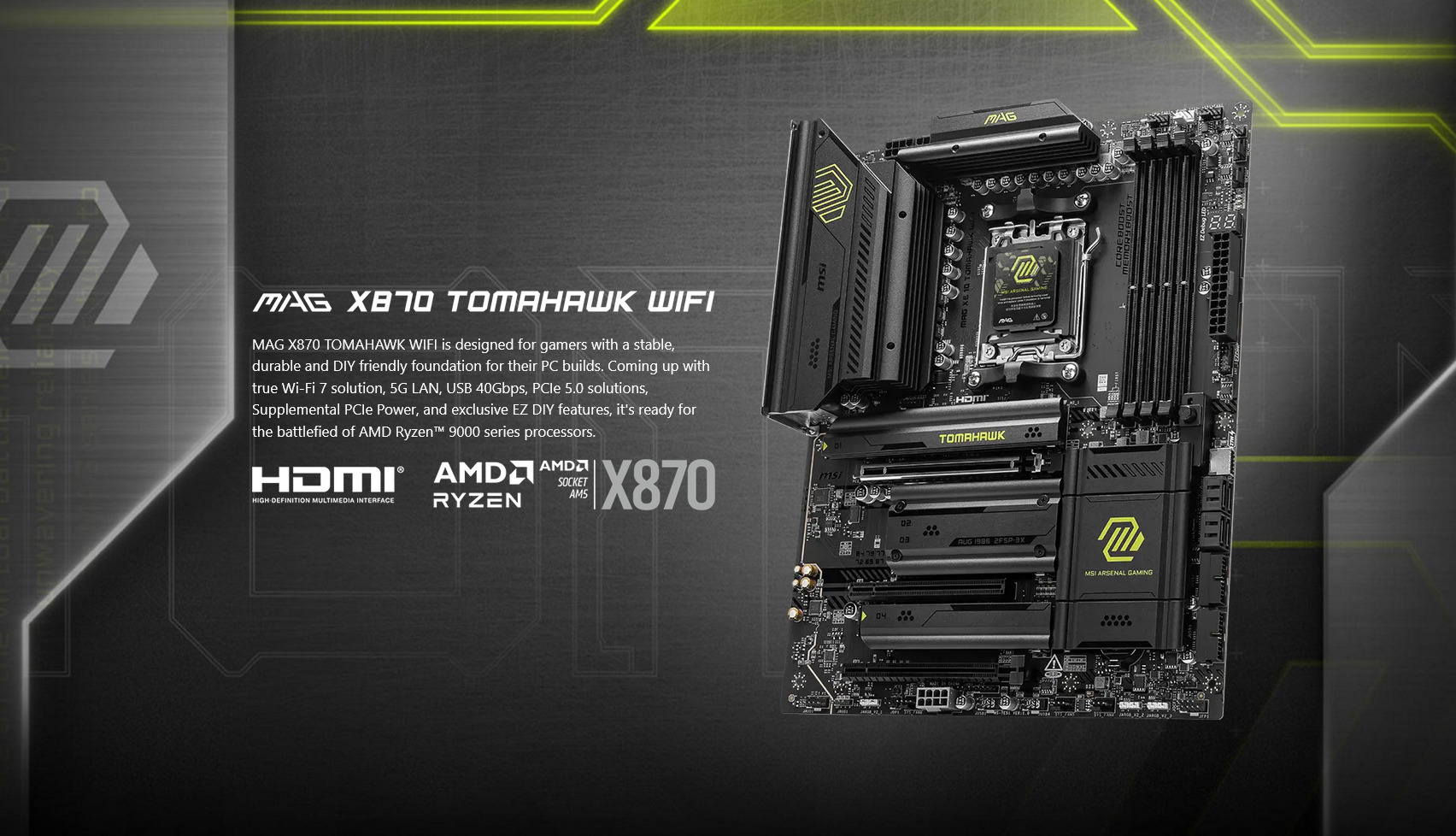 A large marketing image providing additional information about the product MSI MAG X870 Tomahawk WiFi AM5 ATX Desktop Motherboard - Additional alt info not provided