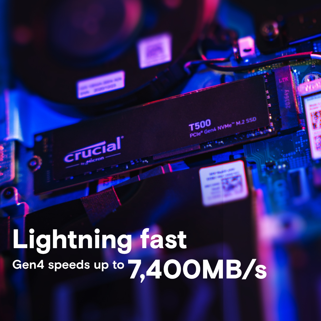 A large marketing image providing additional information about the product Crucial T500 PCIe Gen4 NVMe M.2 SSD - 4TB - Additional alt info not provided