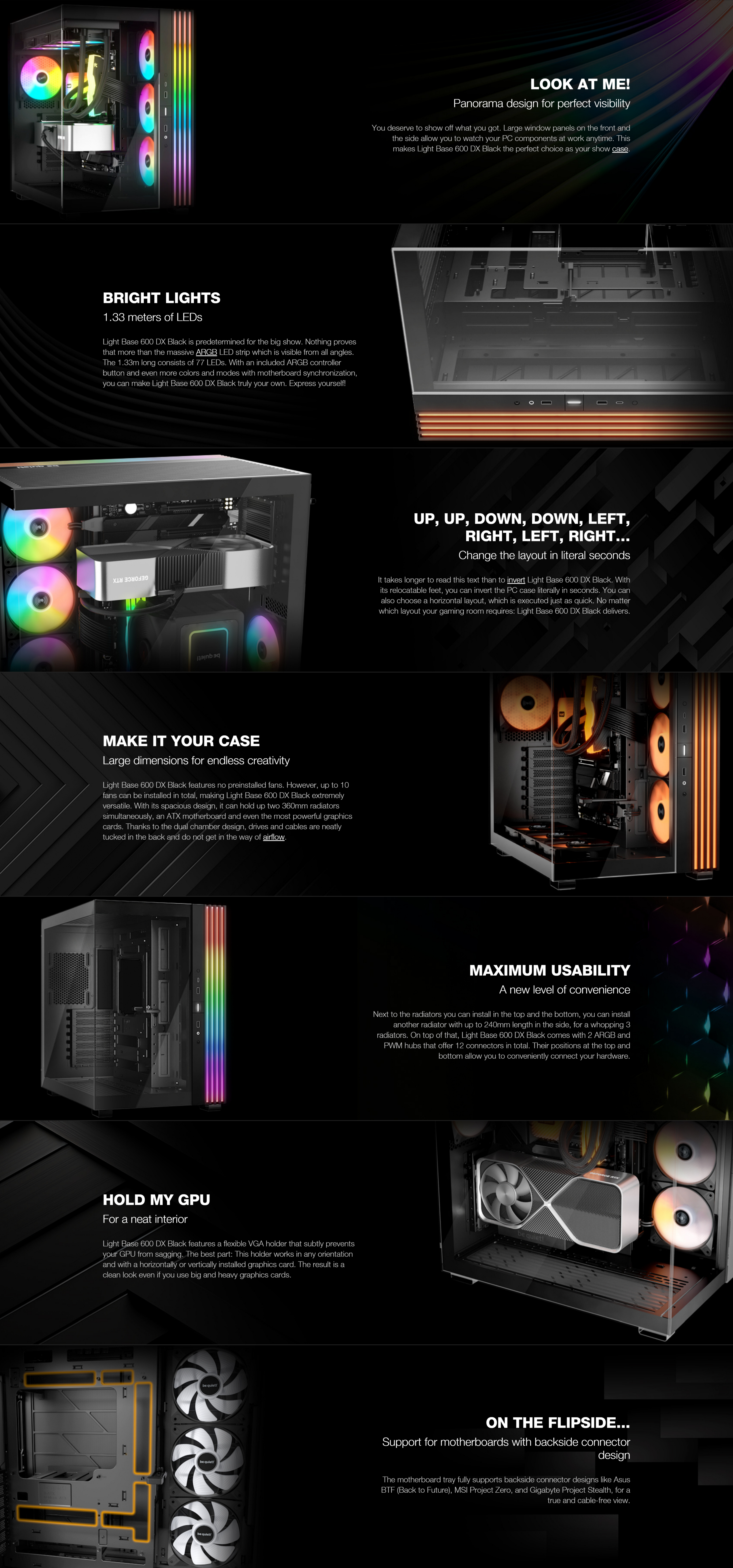 A large marketing image providing additional information about the product be quiet! LIGHT BASE 600 DX Mid Tower Case - Black - Additional alt info not provided