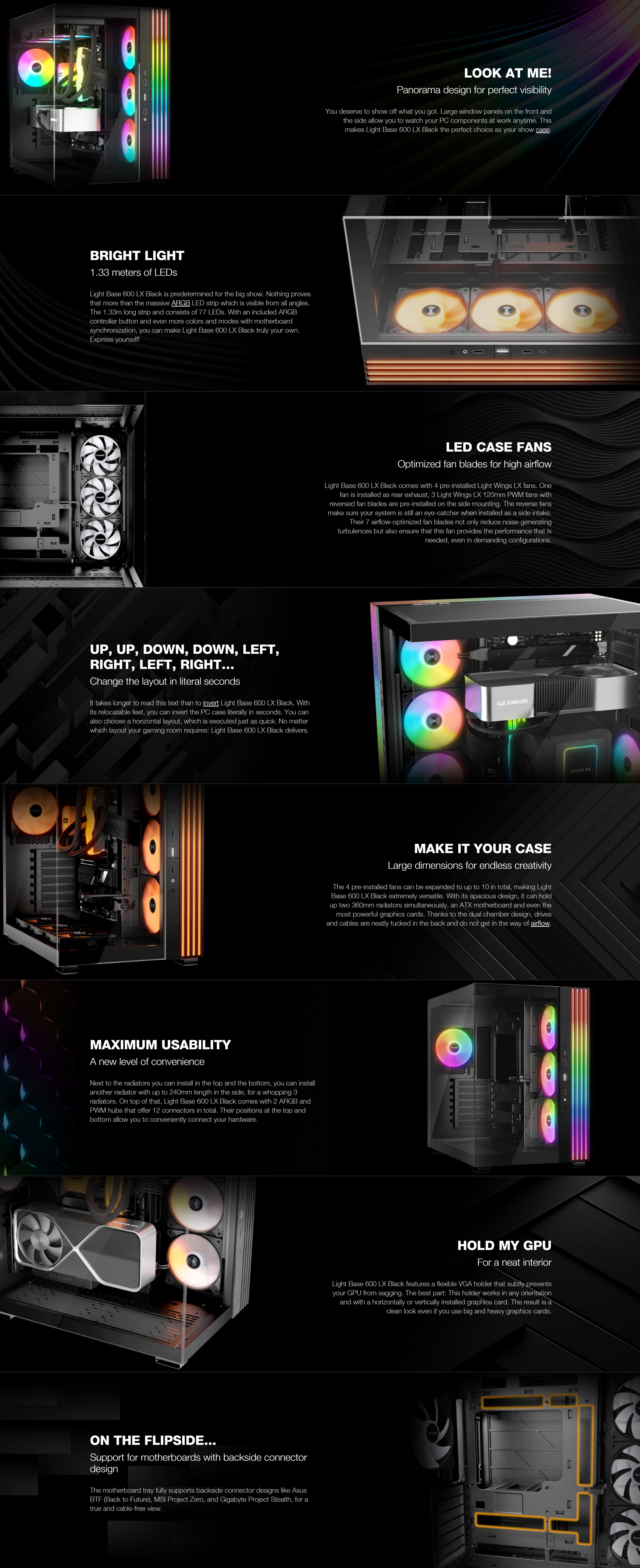 A large marketing image providing additional information about the product be quiet! LIGHT BASE 600 LX Mid Tower Case - Black - Additional alt info not provided