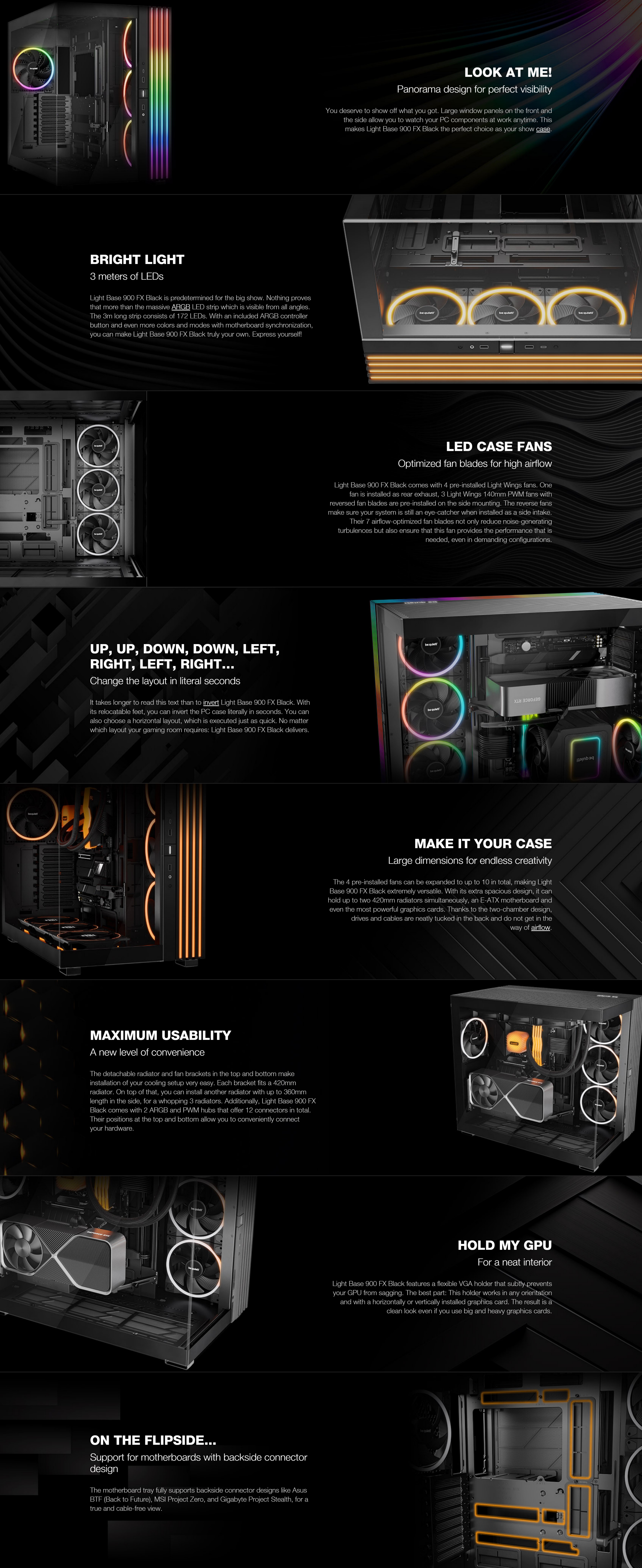 A large marketing image providing additional information about the product be quiet! LIGHT BASE 900 FX Mid Tower Case - Black  - Additional alt info not provided