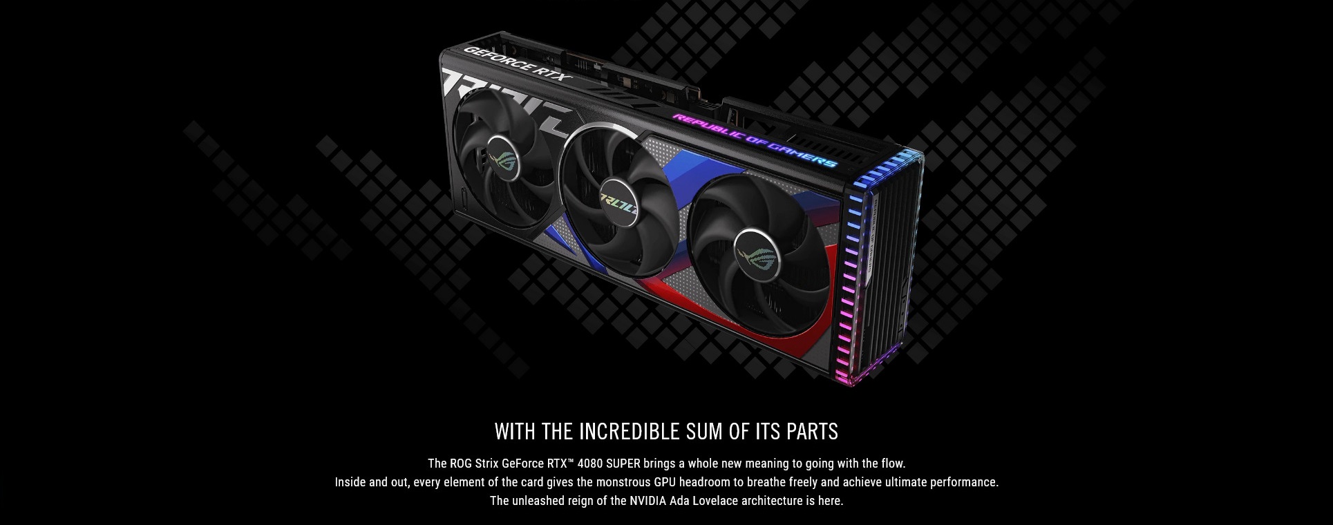 A large marketing image providing additional information about the product ASUS GeForce RTX 4080 SUPER ROG Strix 16GB GDDR6X - Additional alt info not provided