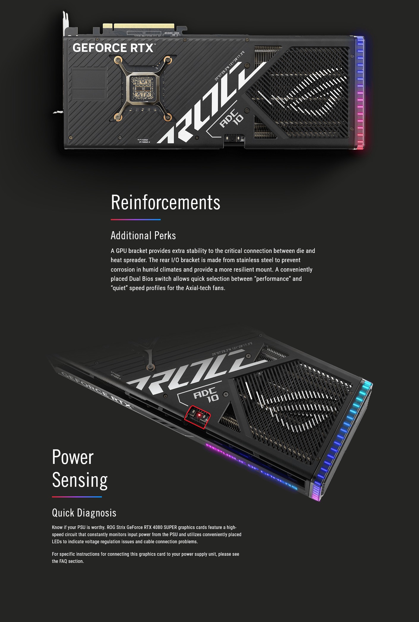 A large marketing image providing additional information about the product ASUS GeForce RTX 4080 SUPER ROG Strix 16GB GDDR6X - Additional alt info not provided