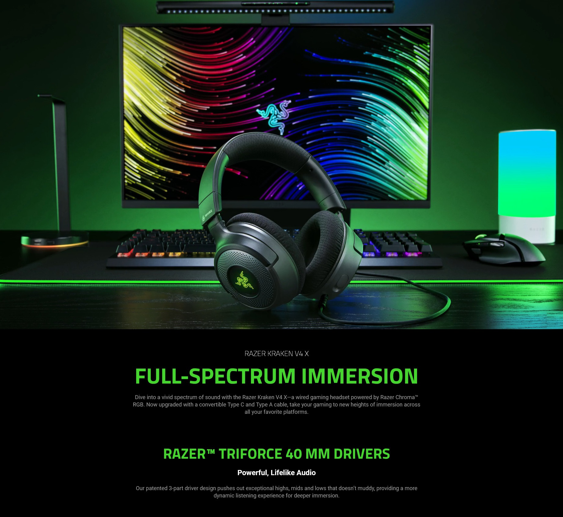 A large marketing image providing additional information about the product Razer Kraken V4 X - Wired Gaming Headset - Additional alt info not provided