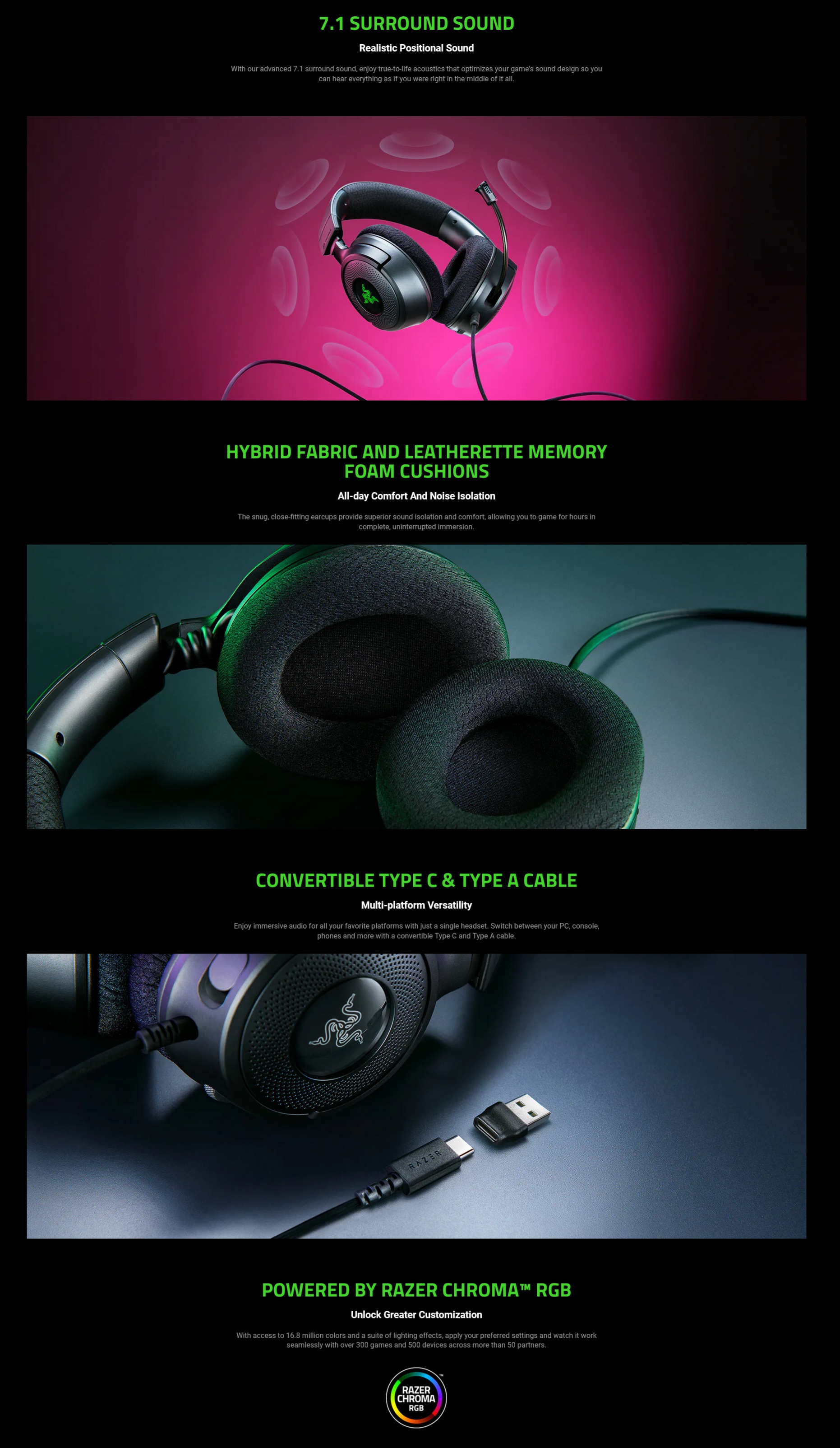 A large marketing image providing additional information about the product Razer Kraken V4 X - Wired Gaming Headset - Additional alt info not provided