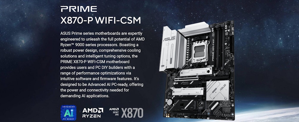 A large marketing image providing additional information about the product ASUS PRIME X870-P WiFi CSM AM5 ATX Desktop Motherboard - Additional alt info not provided