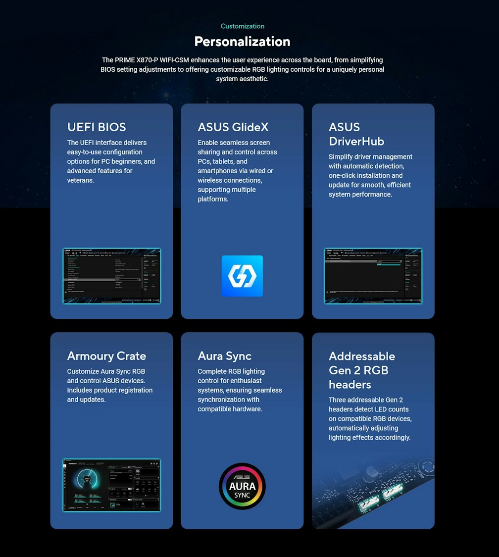 A large marketing image providing additional information about the product ASUS PRIME X870-P WiFi CSM AM5 ATX Desktop Motherboard - Additional alt info not provided