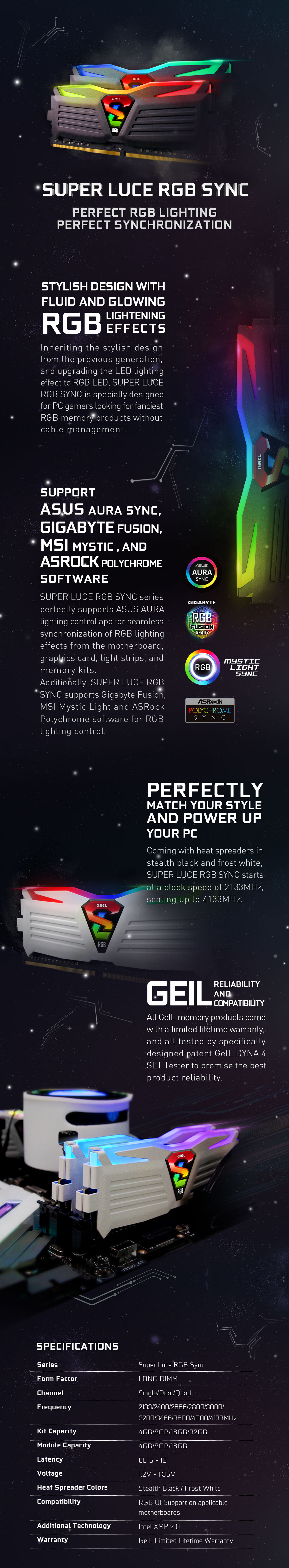 A large marketing image providing additional information about the product GeIL 16GB Kit (2x8GB) DDR4 SUPER LUCE RGB SYNC C19 2666MHz - Additional alt info not provided