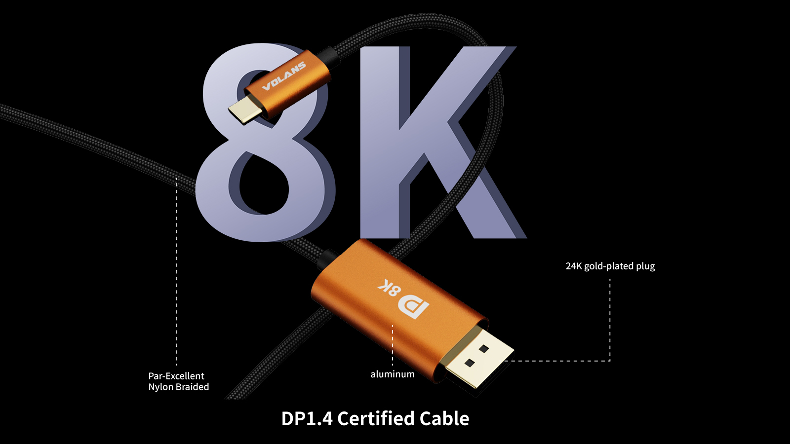 A large marketing image providing additional information about the product Volans Ultra 8K USB Type-C to DIsplayPort 1.4 Cable - 1m - Additional alt info not provided