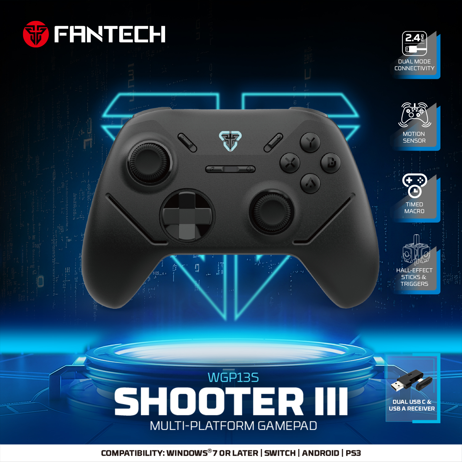 A large marketing image providing additional information about the product Fantech Shooter III Gamepad - Wireless Multi-Platform Hall-Effect Controller (Black) - Additional alt info not provided