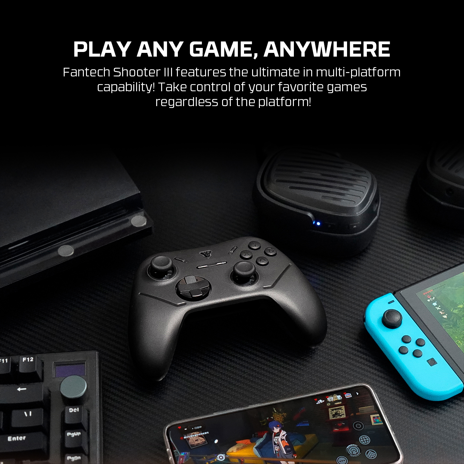 A large marketing image providing additional information about the product Fantech Shooter III Gamepad - Wireless Multi-Platform Hall-Effect Controller (Black) - Additional alt info not provided