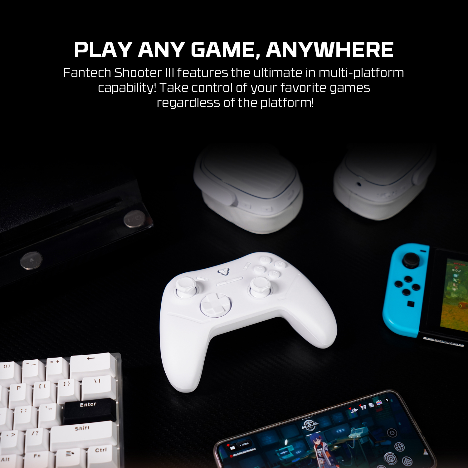 A large marketing image providing additional information about the product Fantech Shooter III Gamepad - Wireless Multi-Platform Hall-Effect Controller (White) - Additional alt info not provided