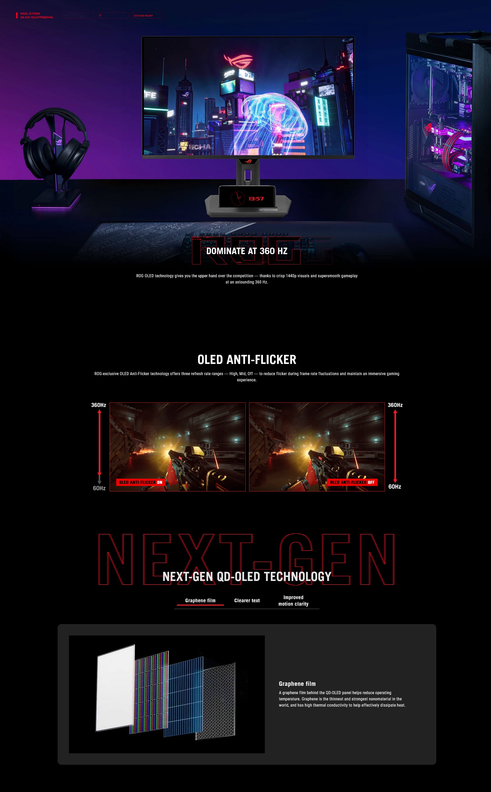 A large marketing image providing additional information about the product ASUS ROG Swift OLED XG27ACDNG 27" 1440p 360Hz 0.03ms OLED Monitor - Additional alt info not provided