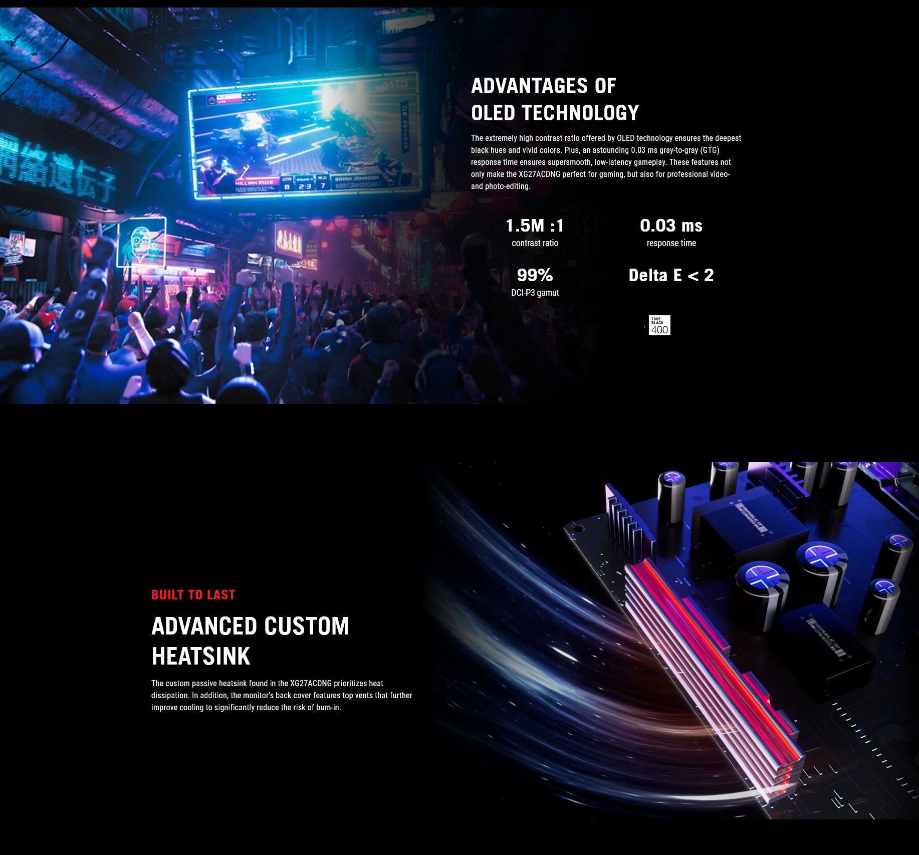 A large marketing image providing additional information about the product ASUS ROG Swift OLED XG27ACDNG 27" 1440p 360Hz 0.03ms OLED Monitor - Additional alt info not provided