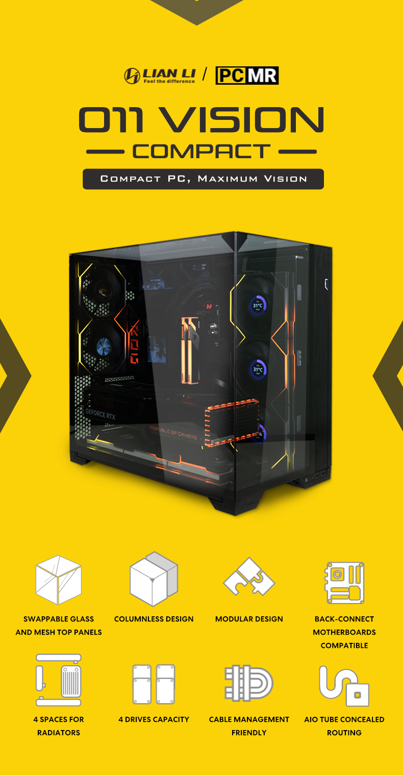 A large marketing image providing additional information about the product Lian Li O11 Vision Compact Mid Tower Case - Black - Additional alt info not provided