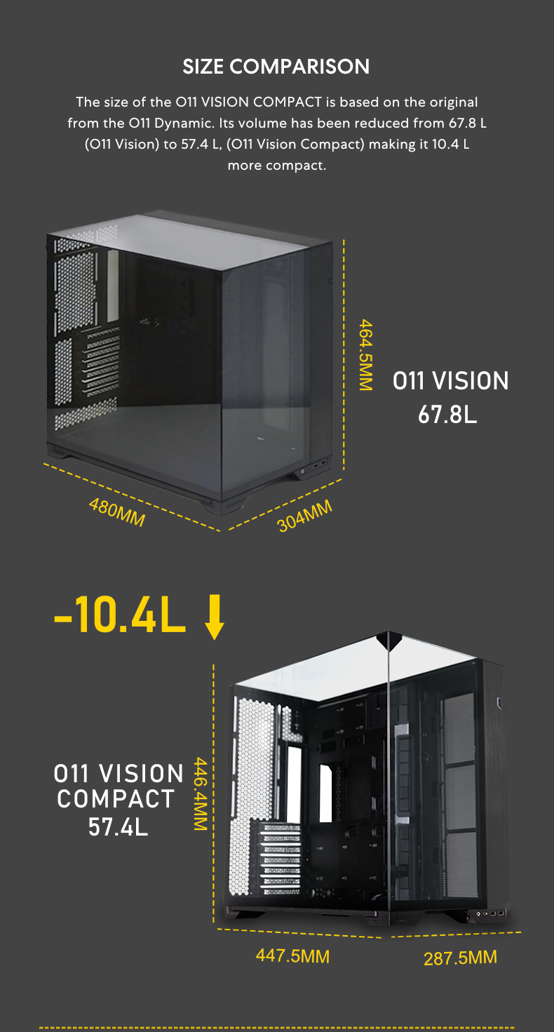 A large marketing image providing additional information about the product Lian Li O11 Vision Compact Mid Tower Case - Black - Additional alt info not provided