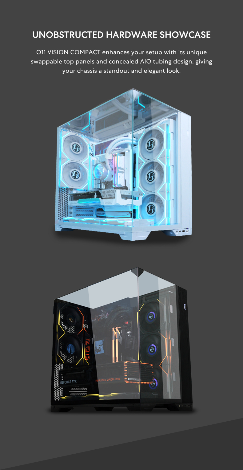 A large marketing image providing additional information about the product Lian Li O11 Vision Compact Mid Tower Case - Black - Additional alt info not provided