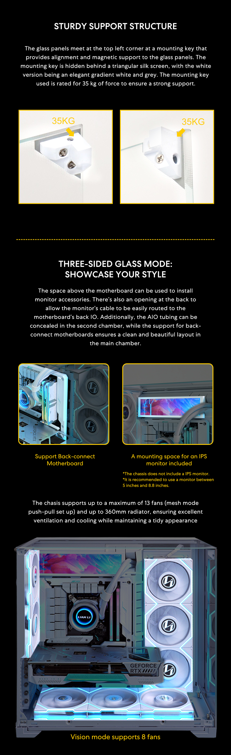 A large marketing image providing additional information about the product Lian Li O11 Vision Compact Mid Tower Case - Black - Additional alt info not provided