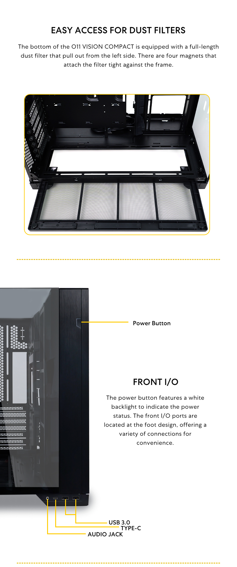 A large marketing image providing additional information about the product Lian Li O11 Vision Compact Mid Tower Case - Black - Additional alt info not provided