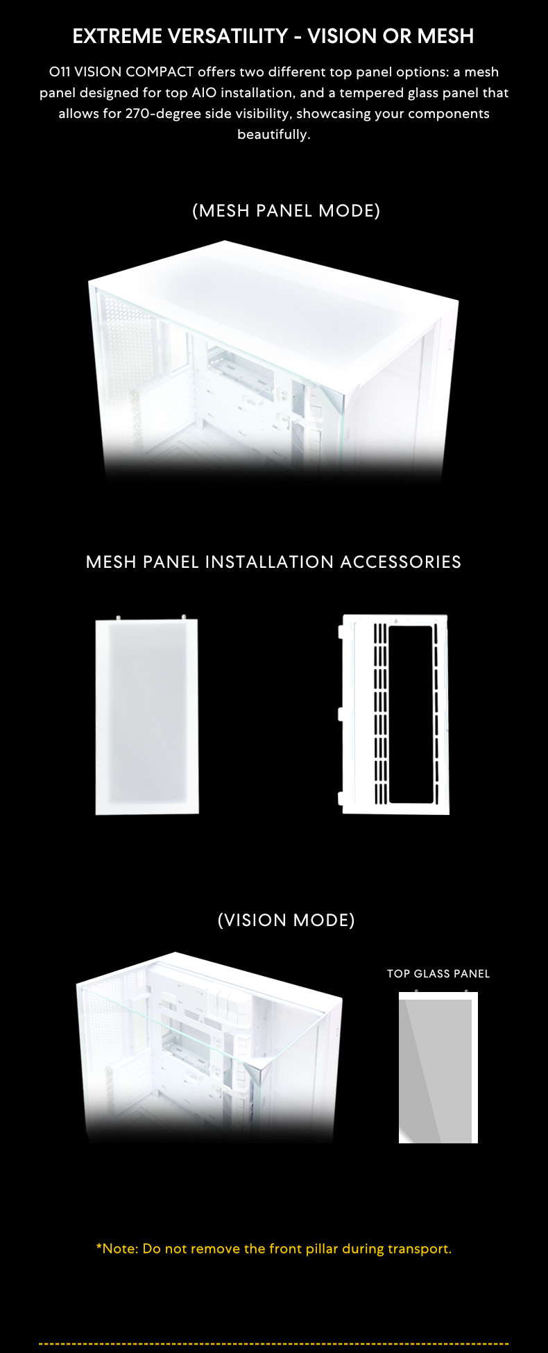 A large marketing image providing additional information about the product Lian Li O11 Vision Compact Mid Tower Case - White - Additional alt info not provided