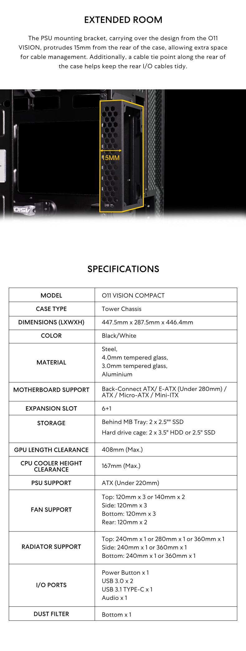 A large marketing image providing additional information about the product Lian Li O11 Vision Compact Mid Tower Case - White - Additional alt info not provided