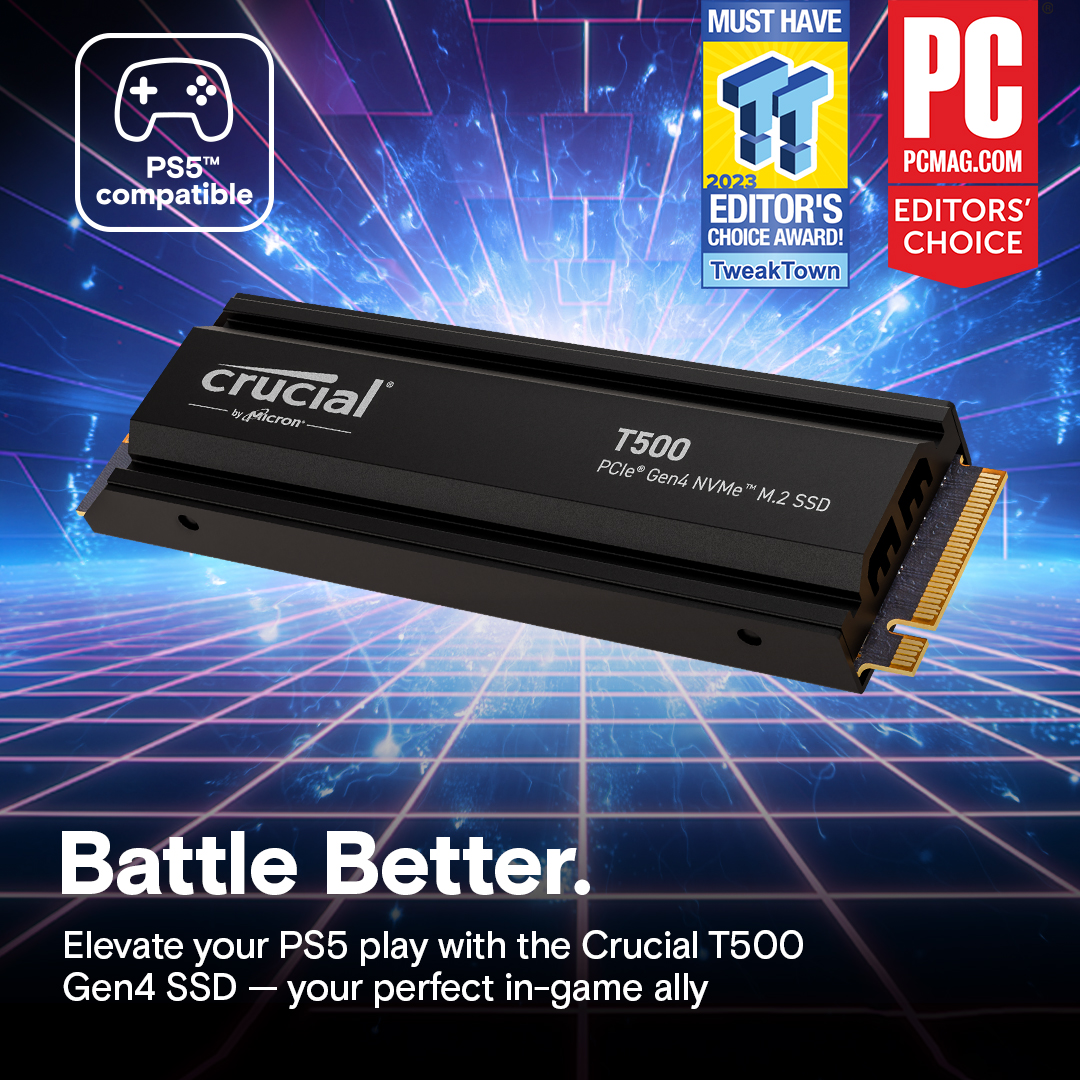 A large marketing image providing additional information about the product Crucial T500 w/ Heatsink PCIe Gen4 NVMe M.2 SSD - 4TB - Additional alt info not provided