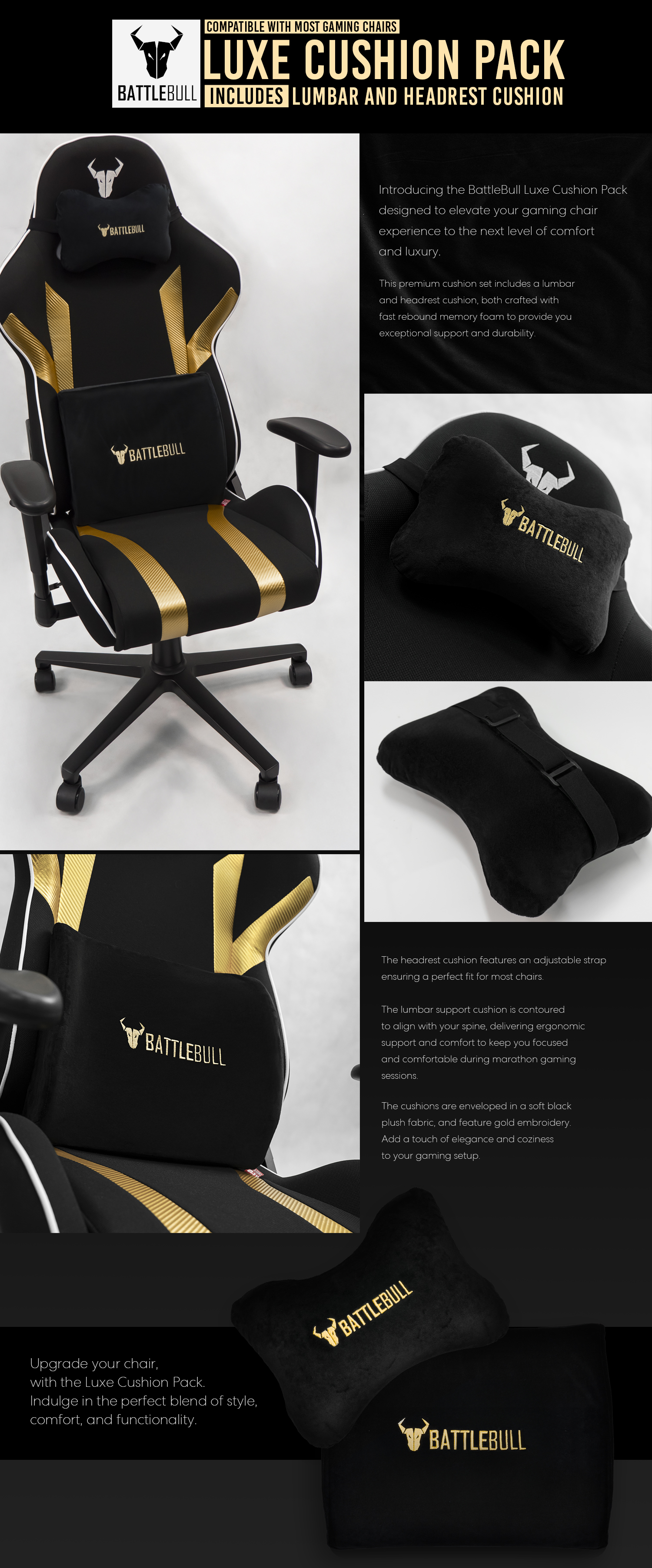 A large marketing image providing additional information about the product BattleBull Luxe Cushion Pack - Gold/Black - Additional alt info not provided