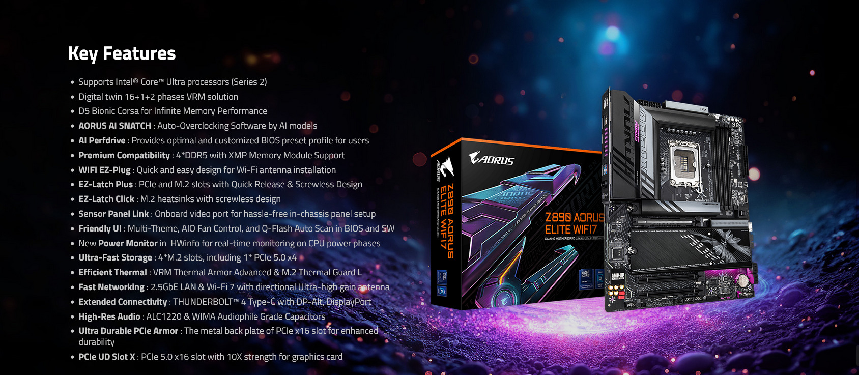 A large marketing image providing additional information about the product Gigabyte Z890 Aorus  Elite WiFi7 LGA1851 ATX Desktop Motherboard - Additional alt info not provided