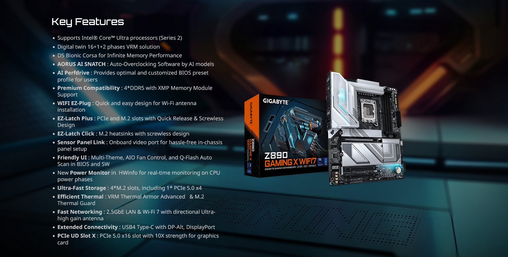 A large marketing image providing additional information about the product Gigabyte Z890 Gaming X WiFi7 LGA1851 ATX Desktop Motherboard - Additional alt info not provided