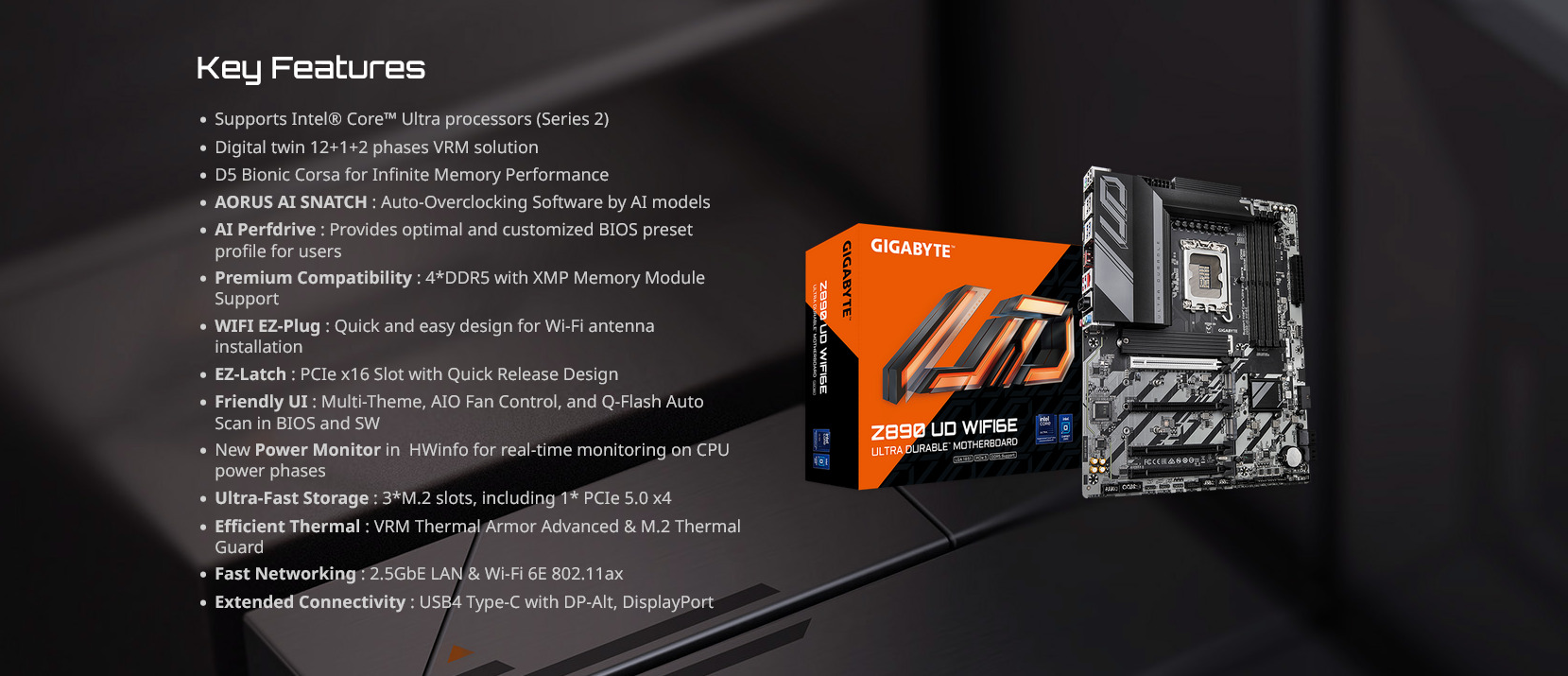 A large marketing image providing additional information about the product Gigabyte Z890 UD WiFi6E LGA1851 ATX Desktop Motherboard - Additional alt info not provided