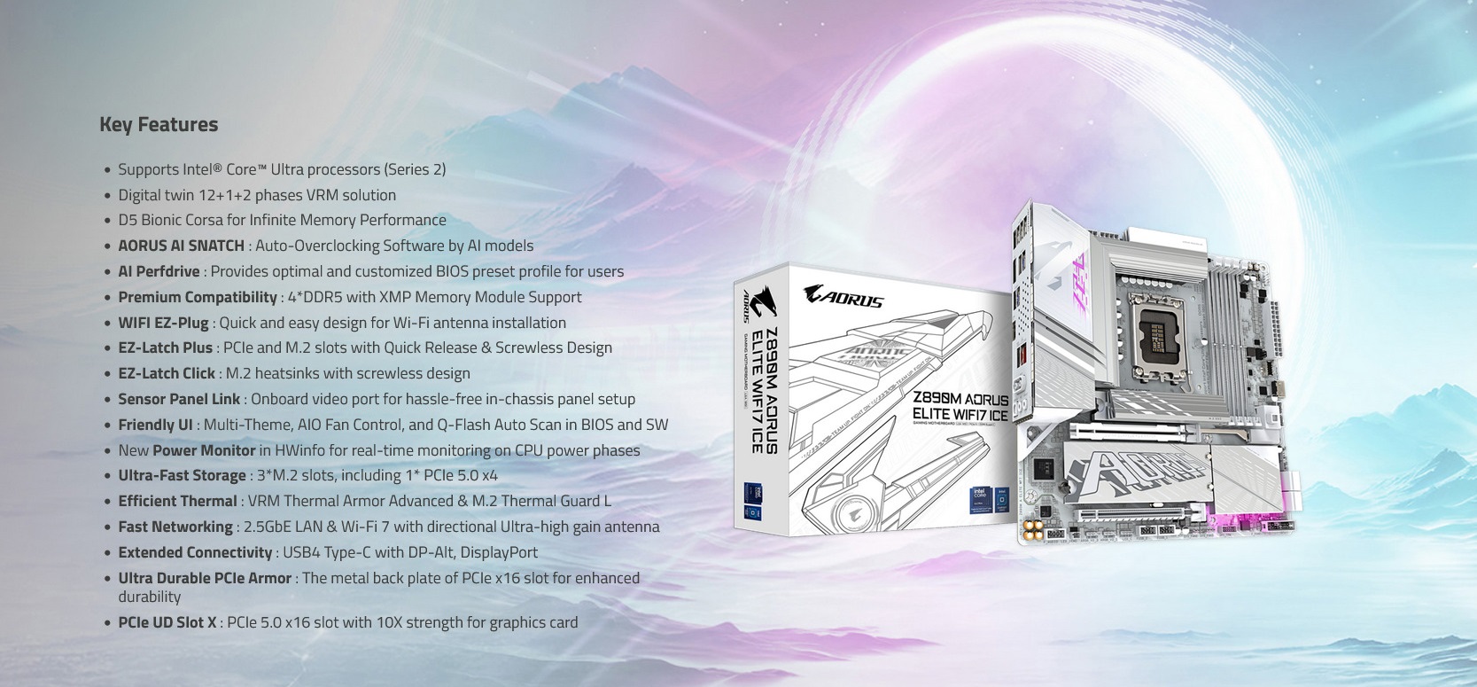 A large marketing image providing additional information about the product Gigabyte Z890M Aorus Elite WiFi7 Ice LGA1851 mATX Desktop Motherboard - Additional alt info not provided