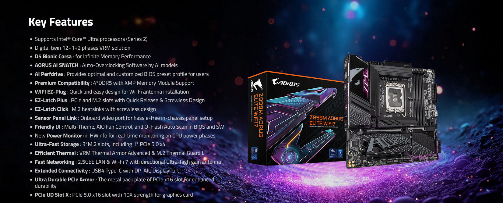 A large marketing image providing additional information about the product Gigabyte Z890M Aorus Elite WiFi7 LGA1851 mATX Desktop Motherboard - Additional alt info not provided