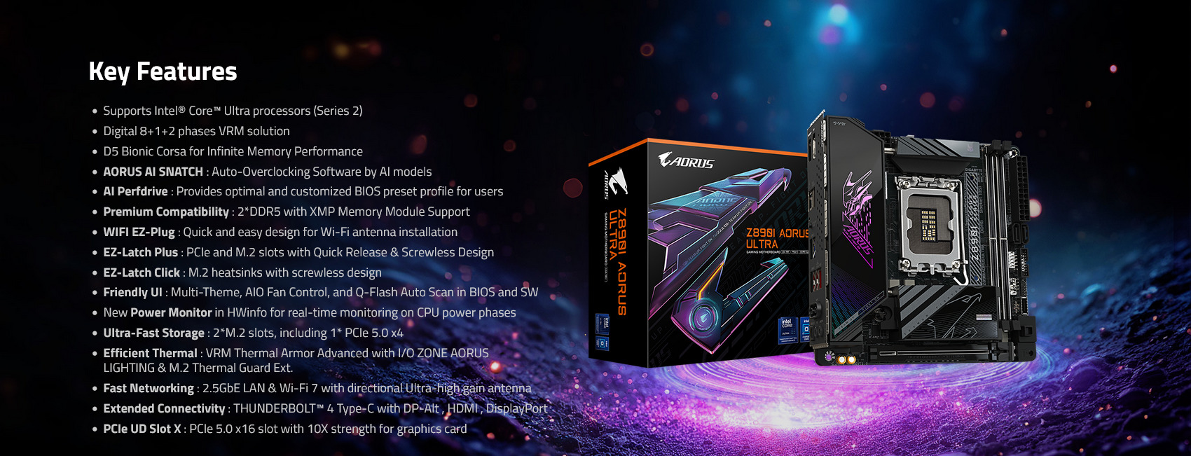 A large marketing image providing additional information about the product Gigabyte Z890I Aorus Ultra LGA1851 mITX Desktop Motherboard - Additional alt info not provided