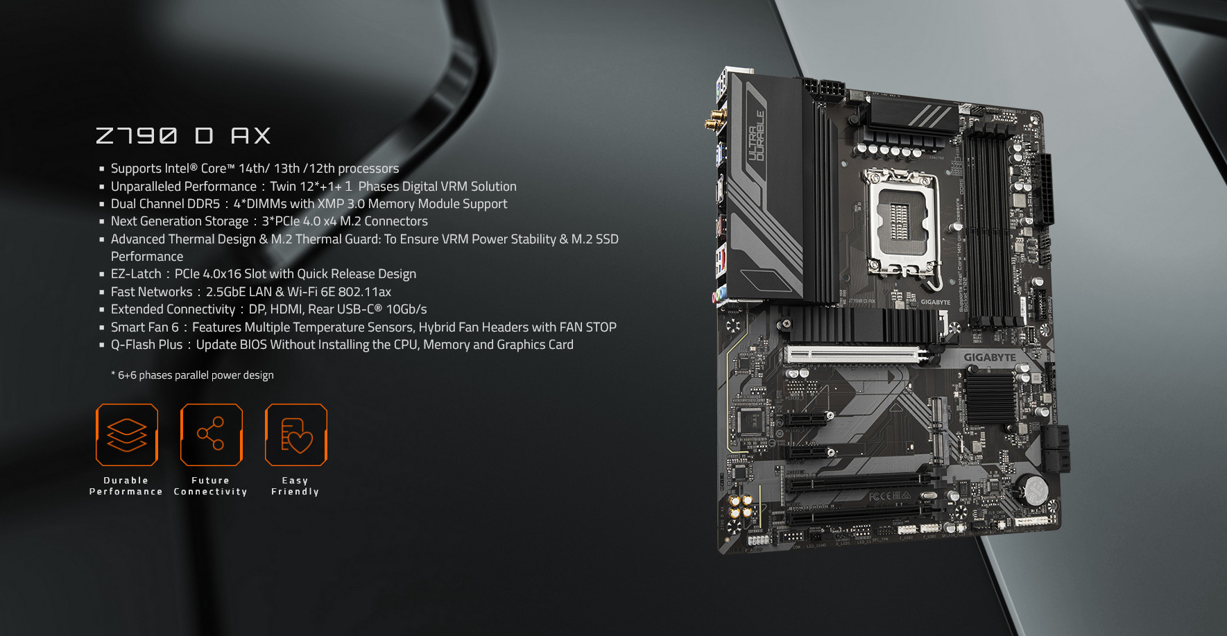 A large marketing image providing additional information about the product Gigabyte Z790 D AX LGA1700 ATX Desktop Motherboard - Additional alt info not provided