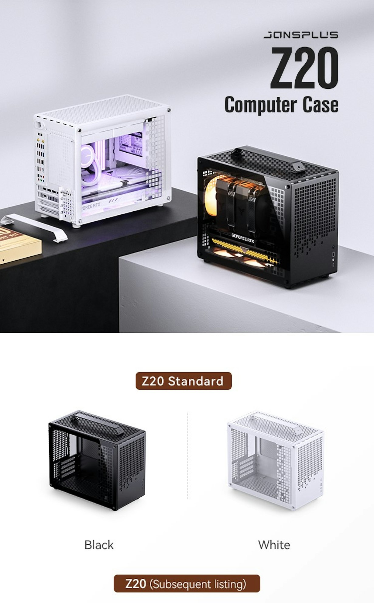 A large marketing image providing additional information about the product Jonsplus Z20 Tempered Glass mATX Case - Orange / Black - Additional alt info not provided