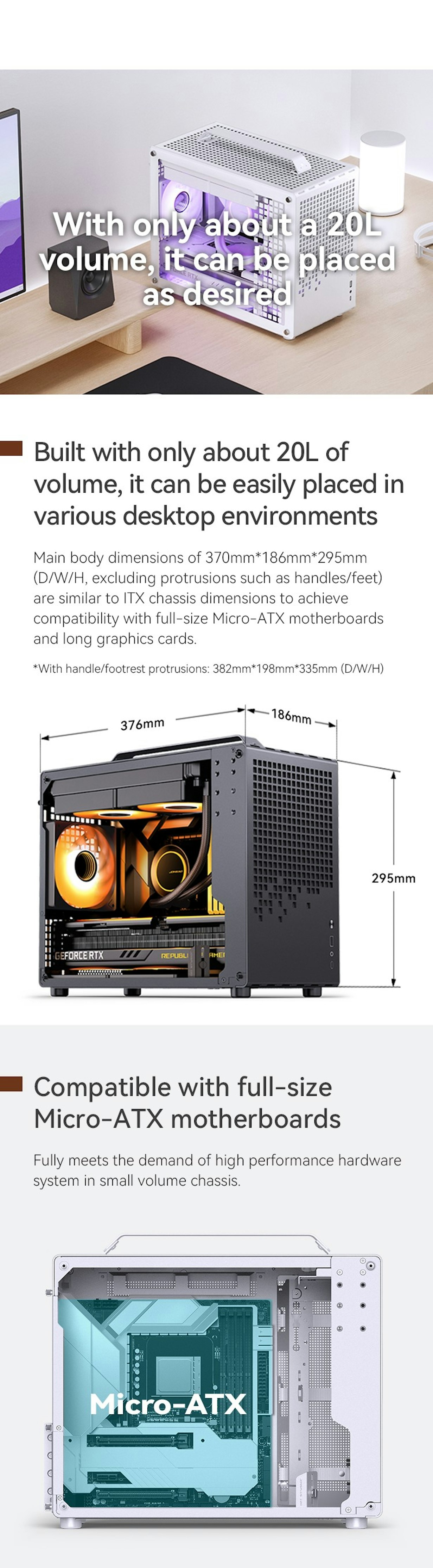 A large marketing image providing additional information about the product Jonsplus Z20 Tempered Glass mATX Case - Orange / Black - Additional alt info not provided