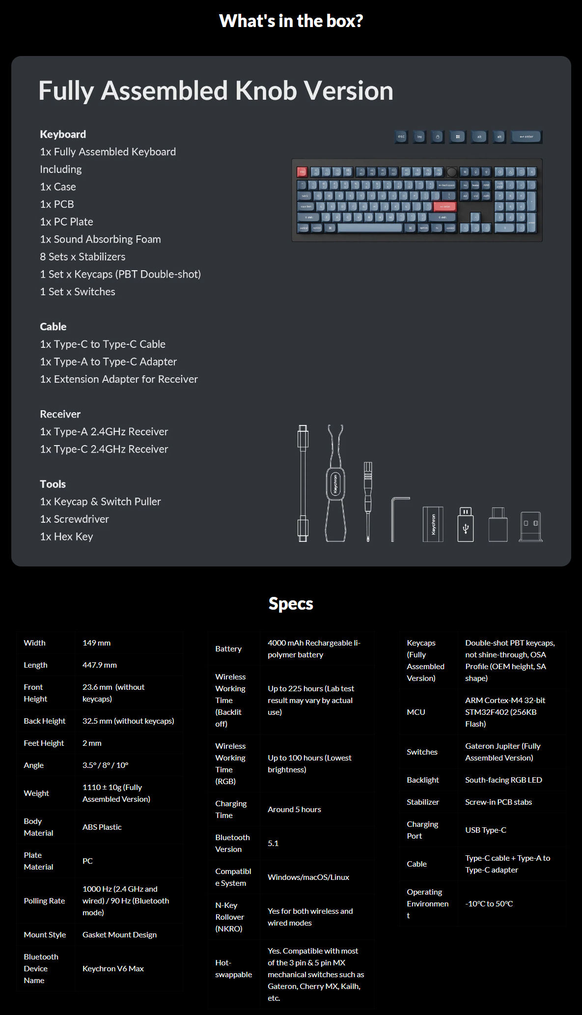 A large marketing image providing additional information about the product Keychron V6 Max - Fullsize QMK/VIA RGB Wireless Custom Mechanical Keyboard - Black (Gateron Silent Red Switch) - Additional alt info not provided