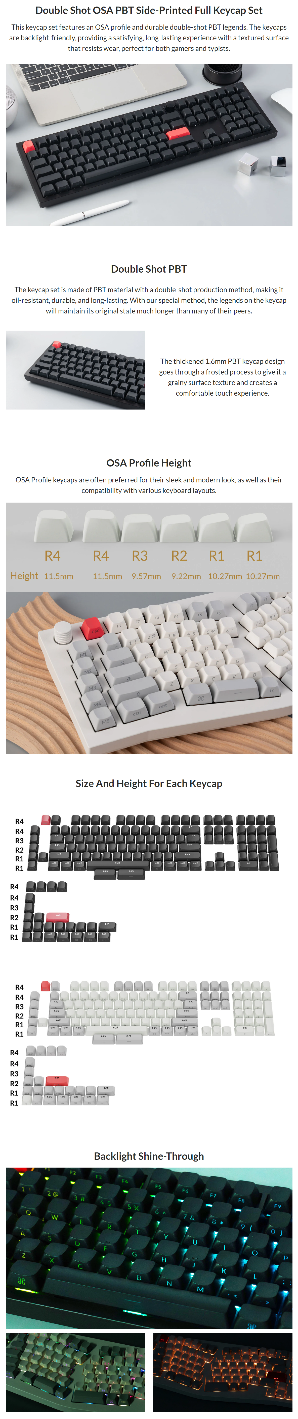 A large marketing image providing additional information about the product Keychron Double Shot OSA PBT Side-Printed Full Keycap Set (Black) - Additional alt info not provided