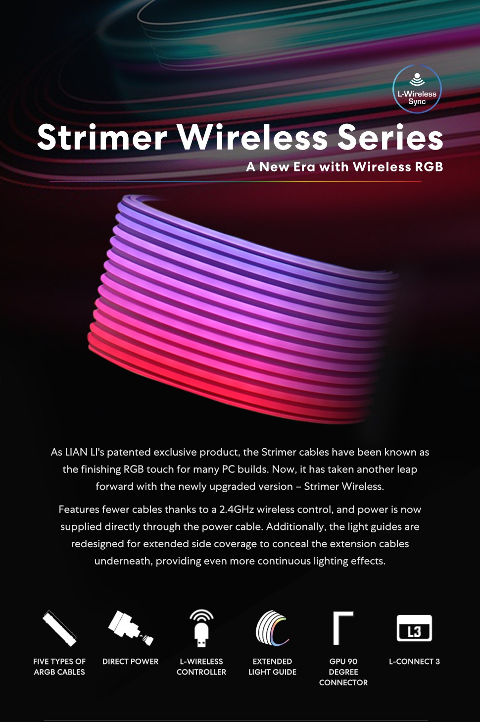 A large marketing image providing additional information about the product Lian Li Strimer Wireless 24-Pin ARGB LED Extension Cable (w/ RF Wireless Controller) - Additional alt info not provided