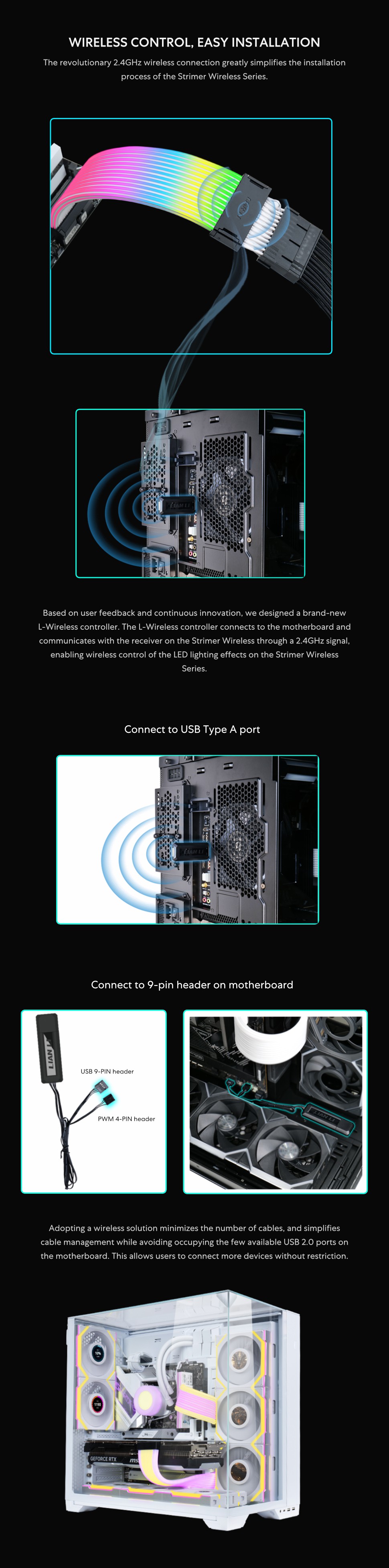 A large marketing image providing additional information about the product Lian Li Strimer Wireless 24-Pin ARGB LED Extension Cable (w/ RF Wireless Controller) - Additional alt info not provided