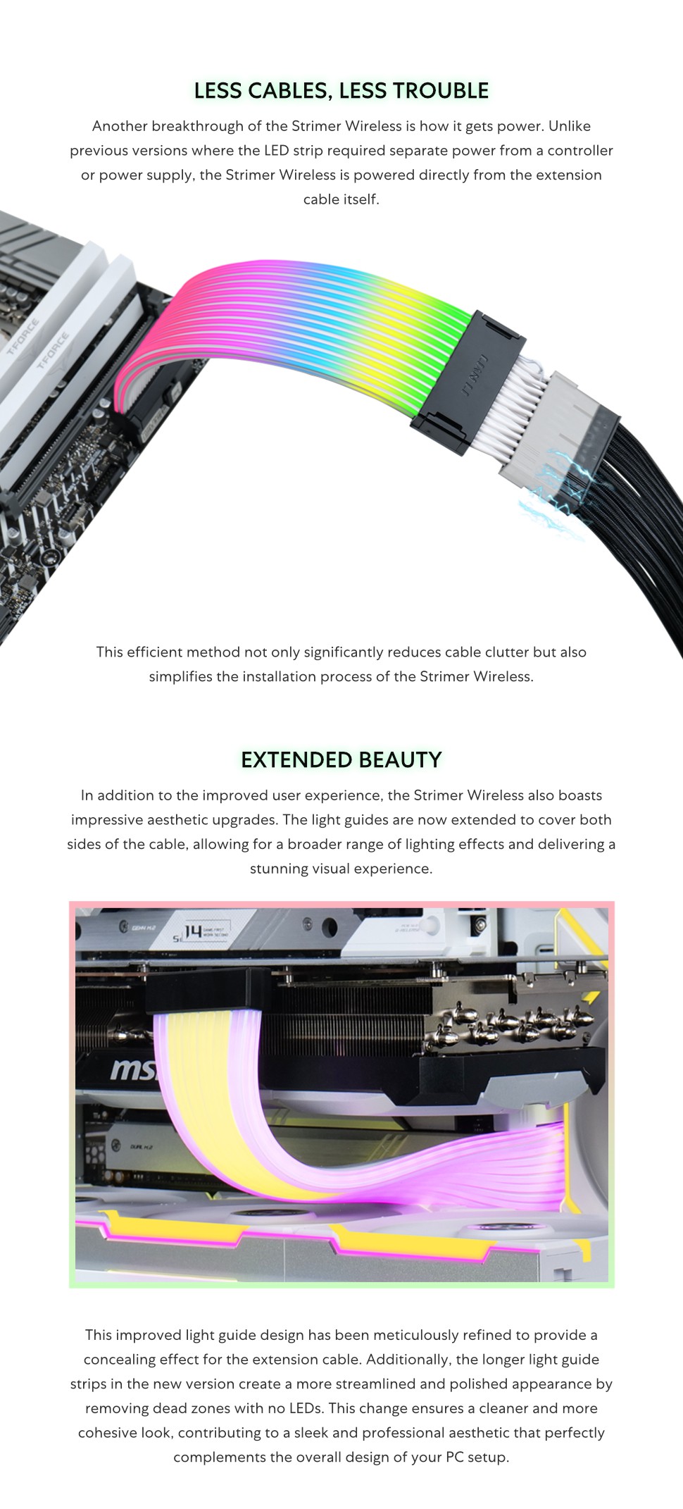 A large marketing image providing additional information about the product Lian Li Strimer Wireless 24-Pin ARGB LED Extension Cable (w/ RF Wireless Controller) - Additional alt info not provided